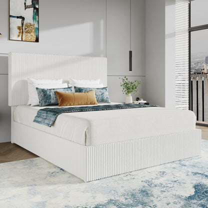 SHA CERLIN Bed Frame, Corduroy Upholstered Platform Bed, Adjustable Vertical Channel Tufted Headboard, Modern Low Profile Frame, No Box Spring Needed, Easy Assembly