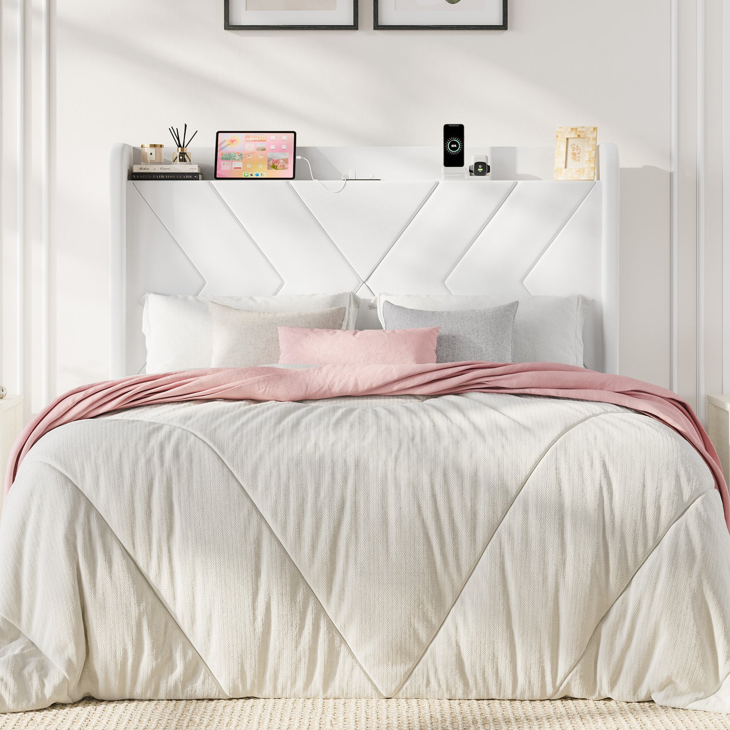Sha Cerlin Velvet Upholstered Wingback Headboard with Charing Station, 6.3 Inches Under-Bed Space