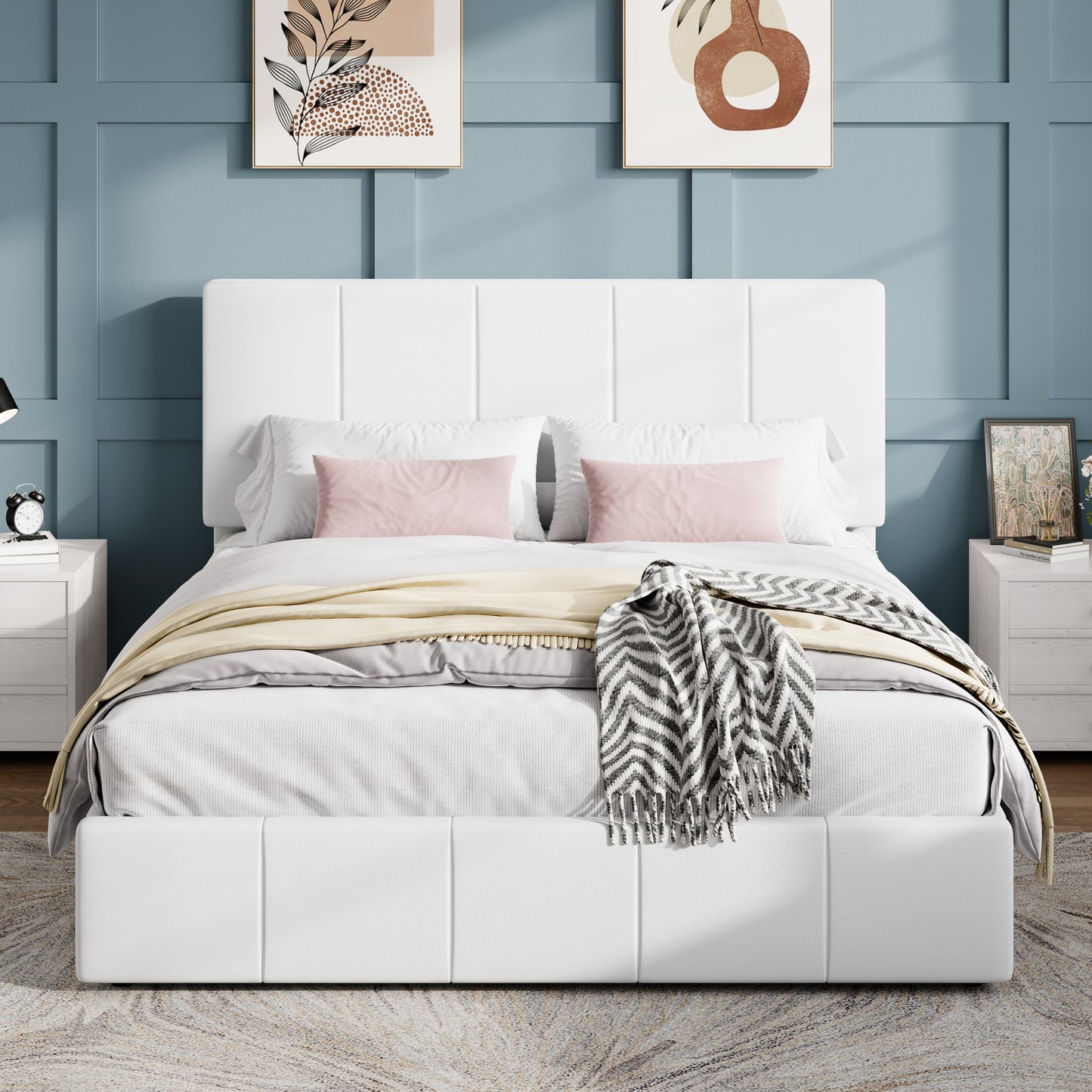 SHA CERLIN Bed Frame, Velvet Upholstered Platform Bed, Vertical Channel Tufted Adjustable Headboard, Low Profile Bed Frame, No Box Spring Needed, Easy Assembly