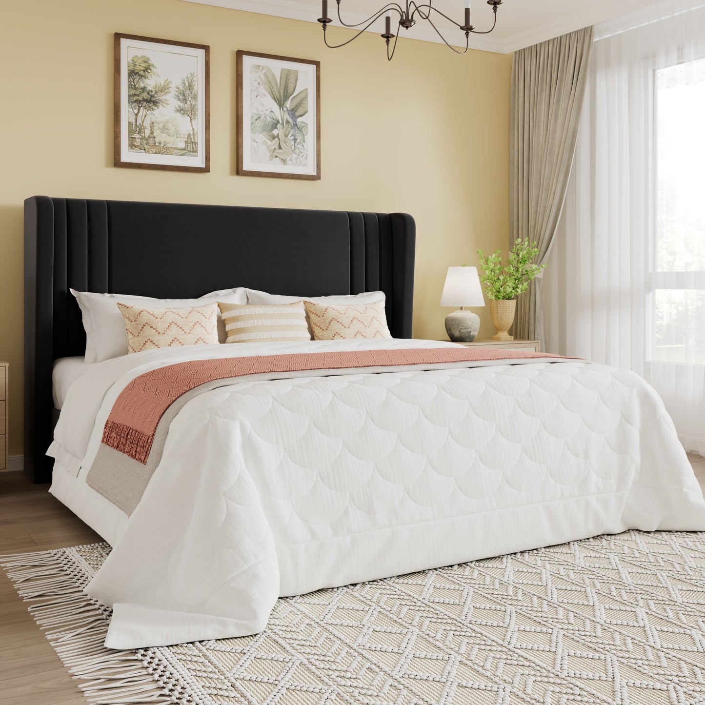 SHA CERLIN Velvet Upholstered Platform Bed Frame with Vertical Channel Tufted Wingback Headboard, Wooden Slats Support, Easy Assembly, Under Bed Storage, No Box Spring Required
