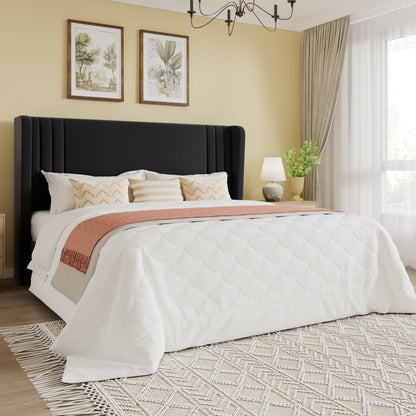 SHA CERLIN Velvet Upholstered Platform Bed Frame with Vertical Channel Tufted Wingback Headboard, Wooden Slats Support, Easy Assembly, Under Bed Storage, No Box Spring Required