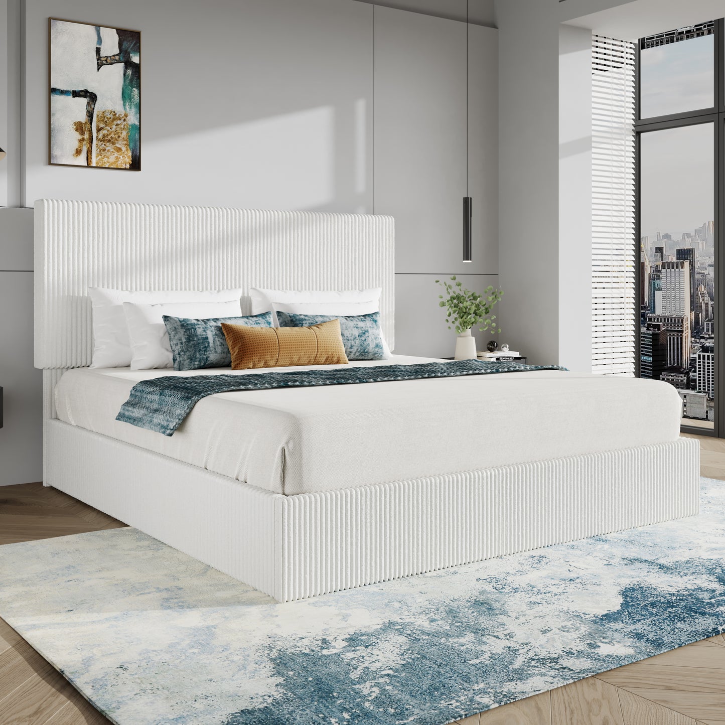 SHA CERLIN Bed Frame, Corduroy Upholstered Platform Bed, Adjustable Vertical Channel Tufted Headboard, Modern Low Profile Frame, No Box Spring Needed, Easy Assembly