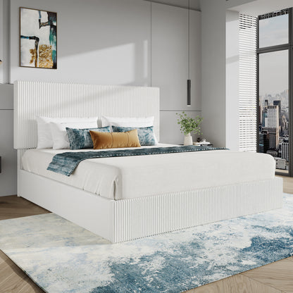 SHA CERLIN Bed Frame, Corduroy Upholstered Platform Bed, Adjustable Vertical Channel Tufted Headboard, Modern Low Profile Frame, No Box Spring Needed, Easy Assembly