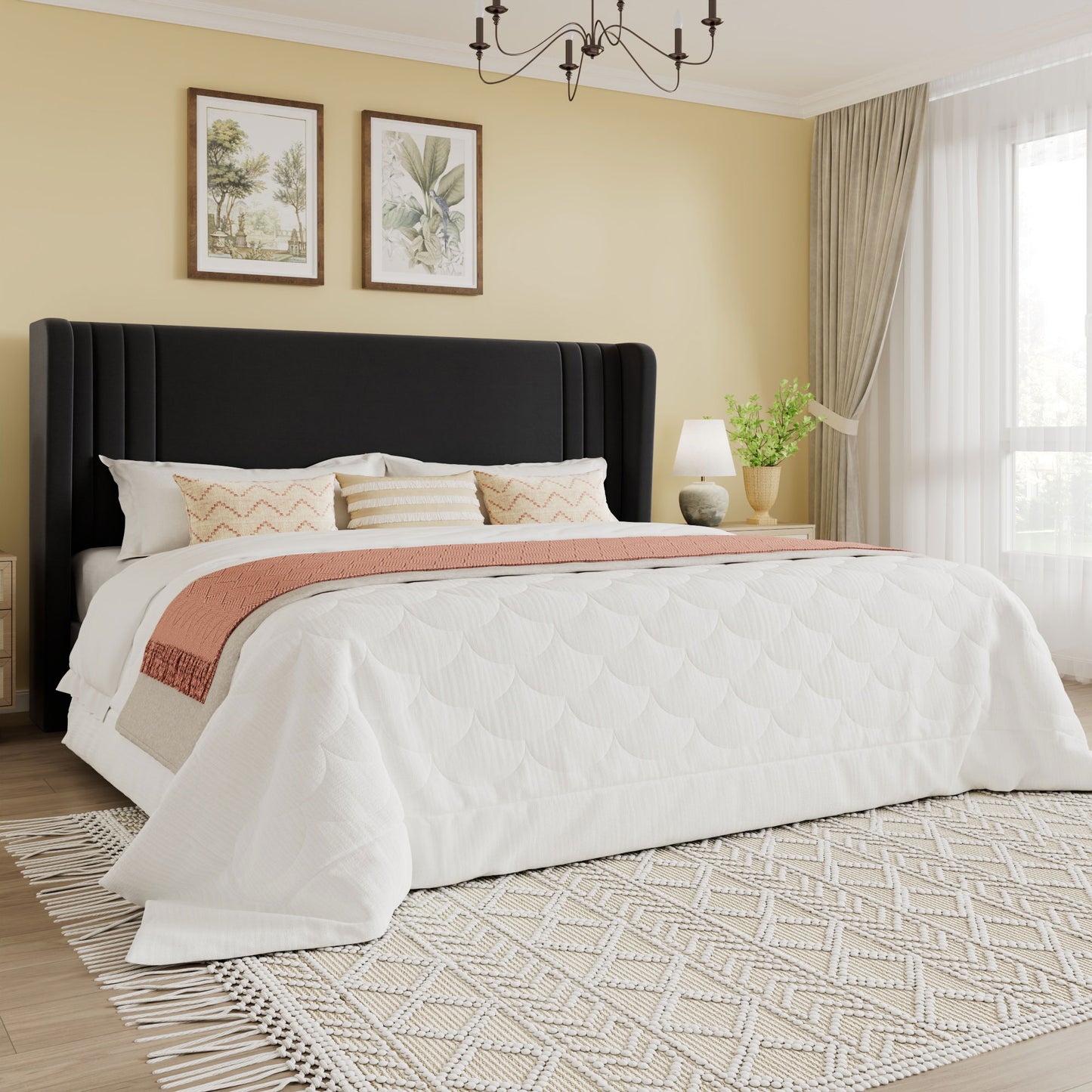 SHA CERLIN Velvet Upholstered Platform Bed Frame with Vertical Channel Tufted Wingback Headboard, Wooden Slats Support, Easy Assembly, Under Bed Storage, No Box Spring Required