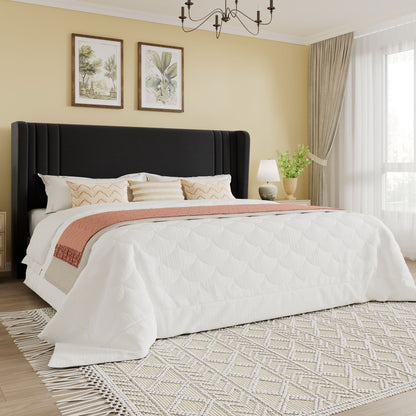 SHA CERLIN Velvet Upholstered Platform Bed Frame with Vertical Channel Tufted Wingback Headboard, Wooden Slats Support, Easy Assembly, Under Bed Storage, No Box Spring Required