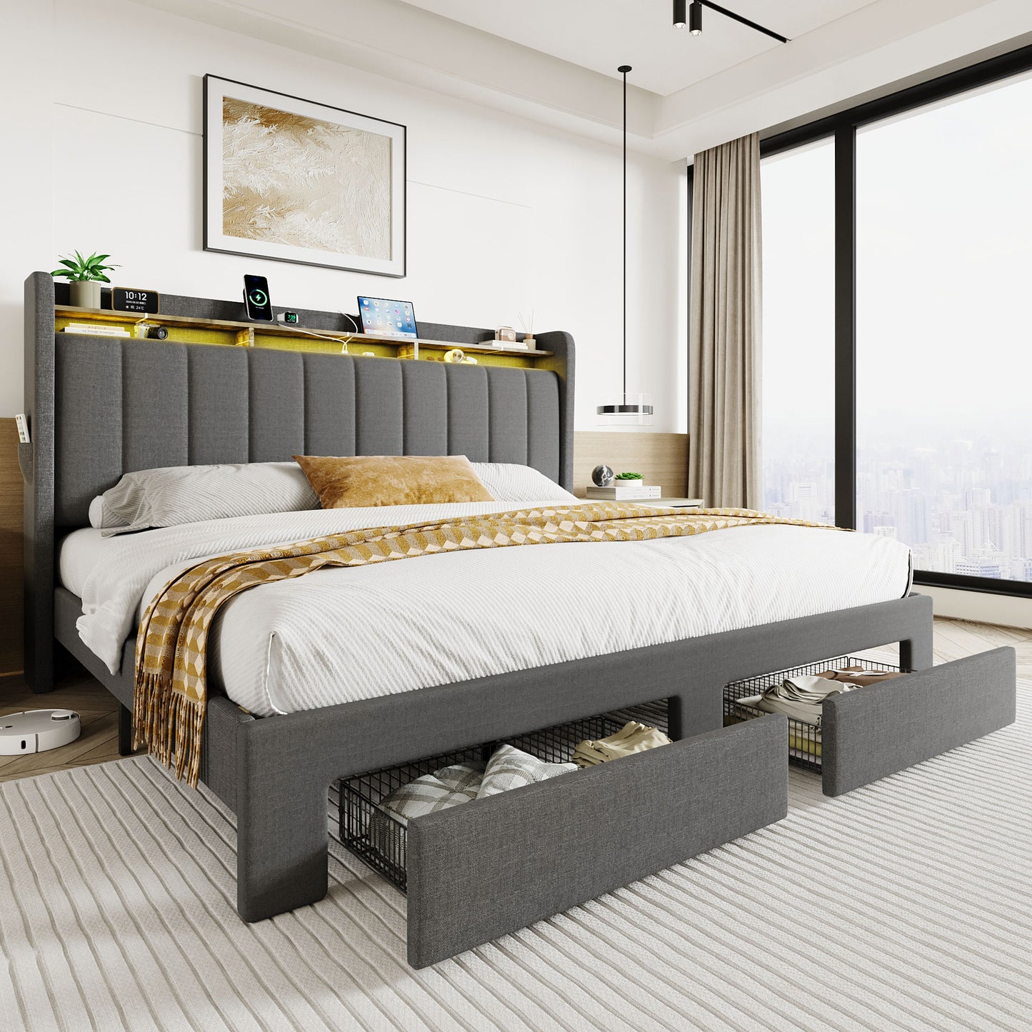 SHA CERLIN Velvet Bed Frame with Vertical Channel Tufted Wingback Headboard & 2 Storage Drawers/2-Tier Shelves with LED Lights & Charging Station/Noise-Free/No Box Spring Needed