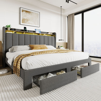 SHA CERLIN Velvet Bed Frame with Vertical Channel Tufted Wingback Headboard & 2 Storage Drawers/2-Tier Shelves with LED Lights & Charging Station/Noise-Free/No Box Spring Needed