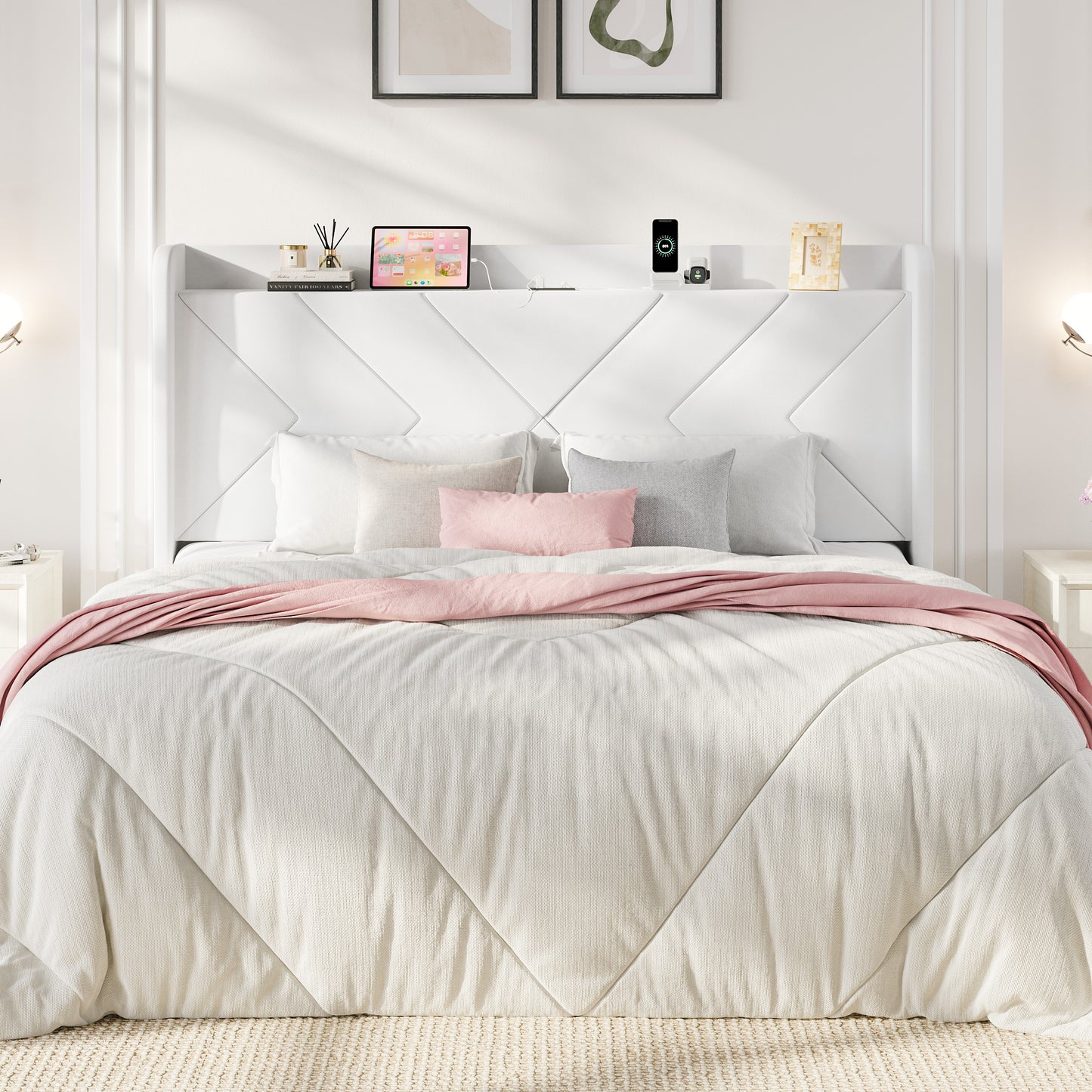 Sha Cerlin Velvet Upholstered Wingback Headboard with Charing Station, 6.3 Inches Under-Bed Space