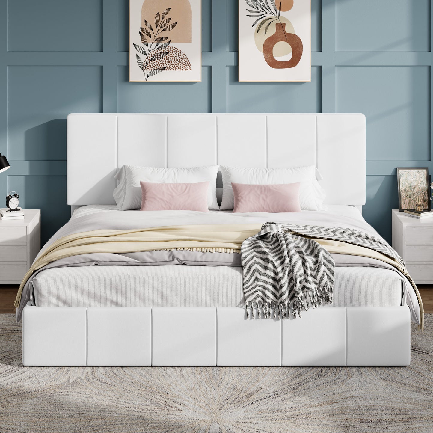 SHA CERLIN Bed Frame, Velvet Upholstered Platform Bed, Vertical Channel Tufted Adjustable Headboard, Low Profile Bed Frame, No Box Spring Needed, Easy Assembly