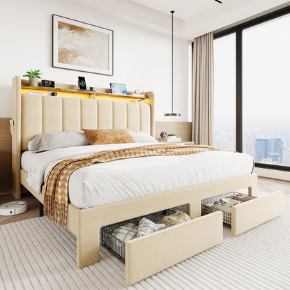 SHA CERLIN Velvet Bed Frame with Vertical Channel Tufted Wingback Headboard & 2 Storage Drawers/2-Tier Shelves with LED Lights & Charging Station/Noise-Free/No Box Spring Needed