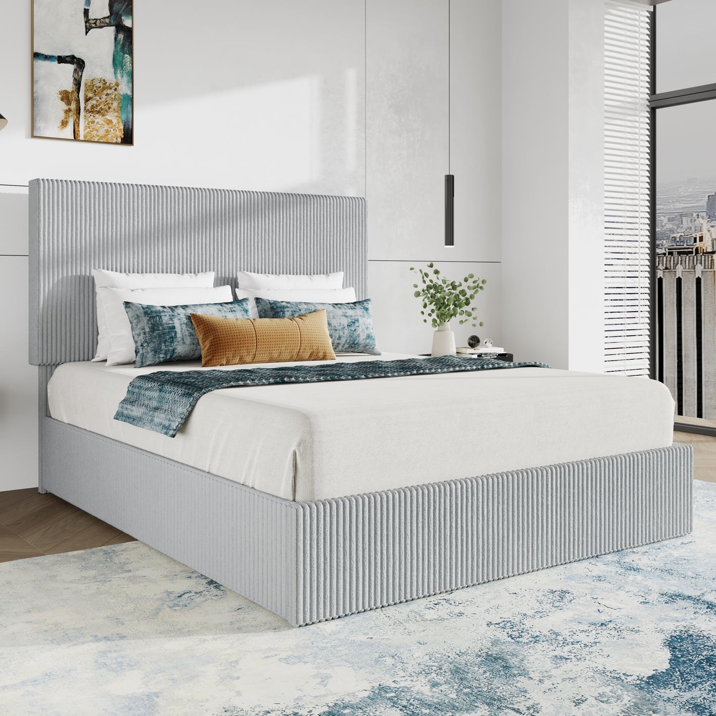 SHA CERLIN Bed Frame, Corduroy Upholstered Platform Bed, Adjustable Vertical Channel Tufted Headboard, Modern Low Profile Frame, No Box Spring Needed, Easy Assembly