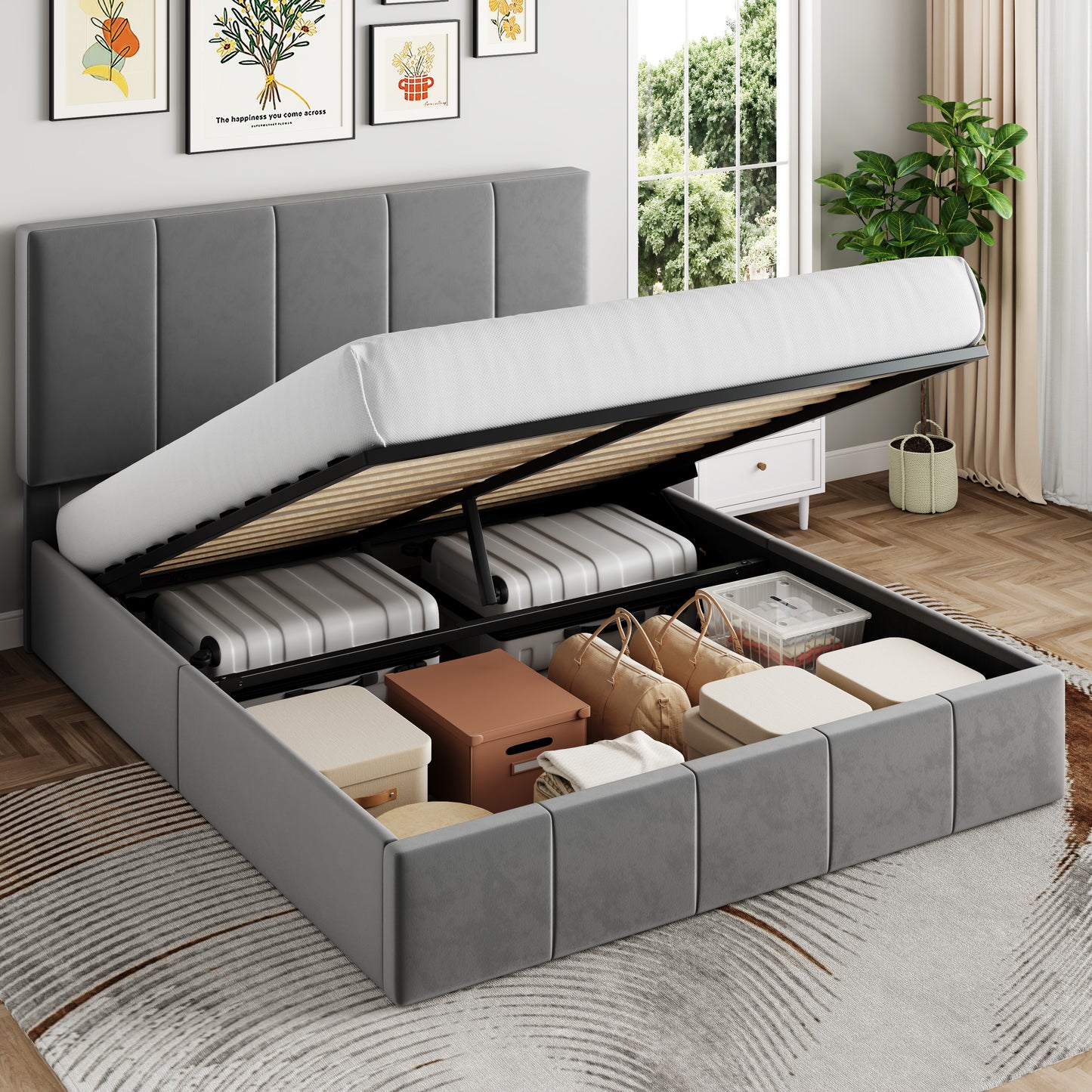 Sha Cerlin Lift-Up Storage Bed, Velvet Headboard with Adjustable Height, No Box Spring Needed