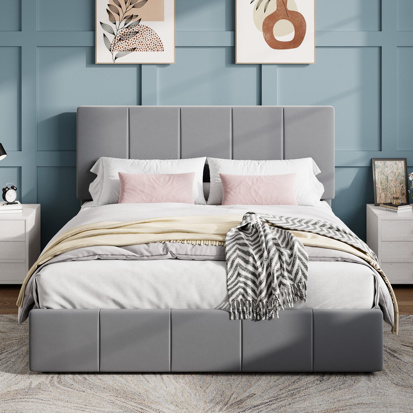 SHA CERLIN Bed Frame, Velvet Upholstered Platform Bed, Vertical Channel Tufted Adjustable Headboard, Low Profile Bed Frame, No Box Spring Needed, Easy Assembly