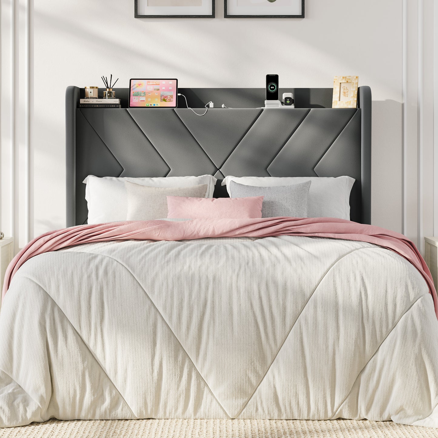 Sha Cerlin Velvet Upholstered Wingback Headboard with Charing Station, 6.3 Inches Under-Bed Space