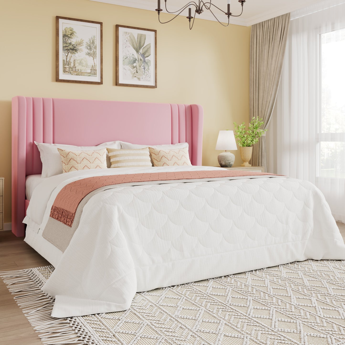 SHA CERLIN Velvet Upholstered Platform Bed Frame with Vertical Channel Tufted Wingback Headboard, Wooden Slats Support, Easy Assembly, Under Bed Storage, No Box Spring Required