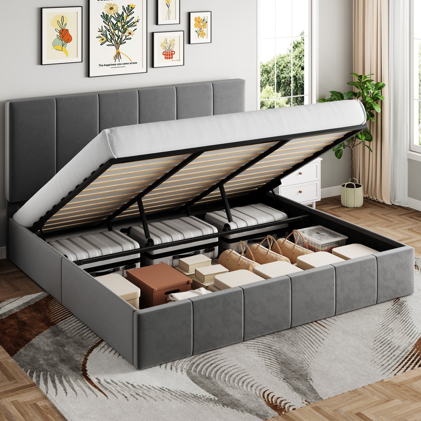 Sha Cerlin Lift-Up Storage Bed, Velvet Headboard with Adjustable Height, No Box Spring Needed