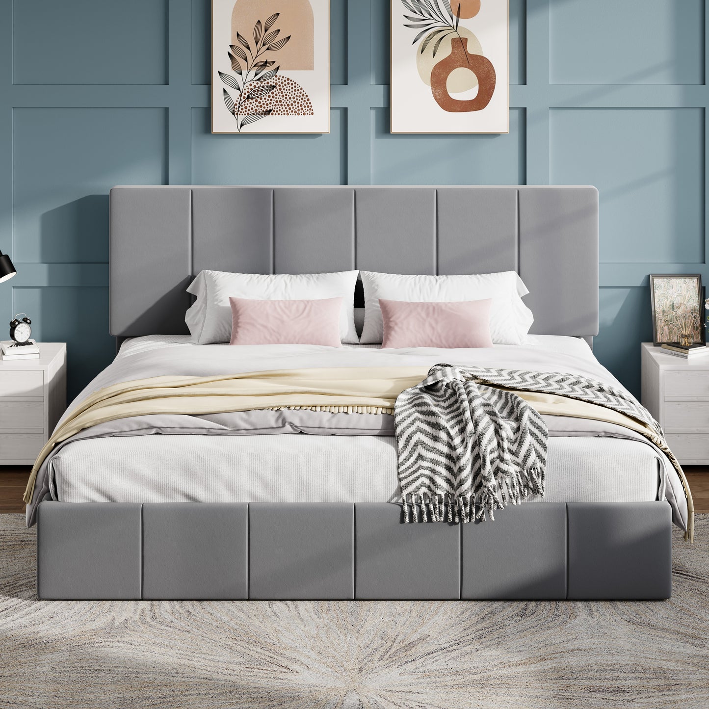 SHA CERLIN Bed Frame, Velvet Upholstered Platform Bed, Vertical Channel Tufted Adjustable Headboard, Low Profile Bed Frame, No Box Spring Needed, Easy Assembly