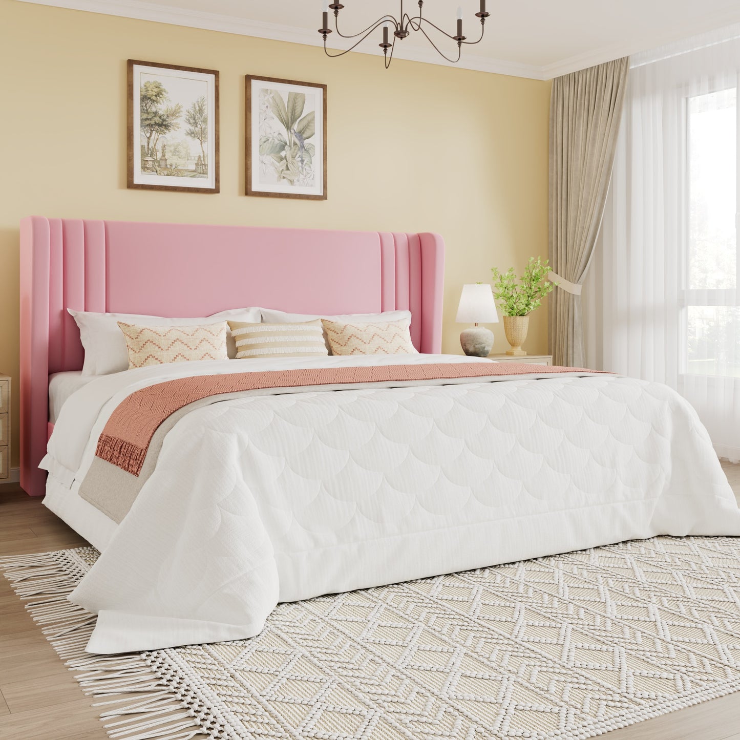 SHA CERLIN Velvet Upholstered Platform Bed Frame with Vertical Channel Tufted Wingback Headboard, Wooden Slats Support, Easy Assembly, Under Bed Storage, No Box Spring Required