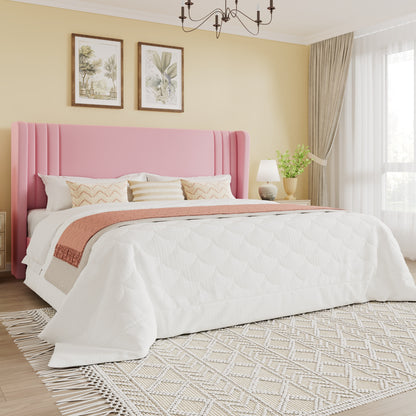 SHA CERLIN Velvet Upholstered Platform Bed Frame with Vertical Channel Tufted Wingback Headboard, Wooden Slats Support, Easy Assembly, Under Bed Storage, No Box Spring Required