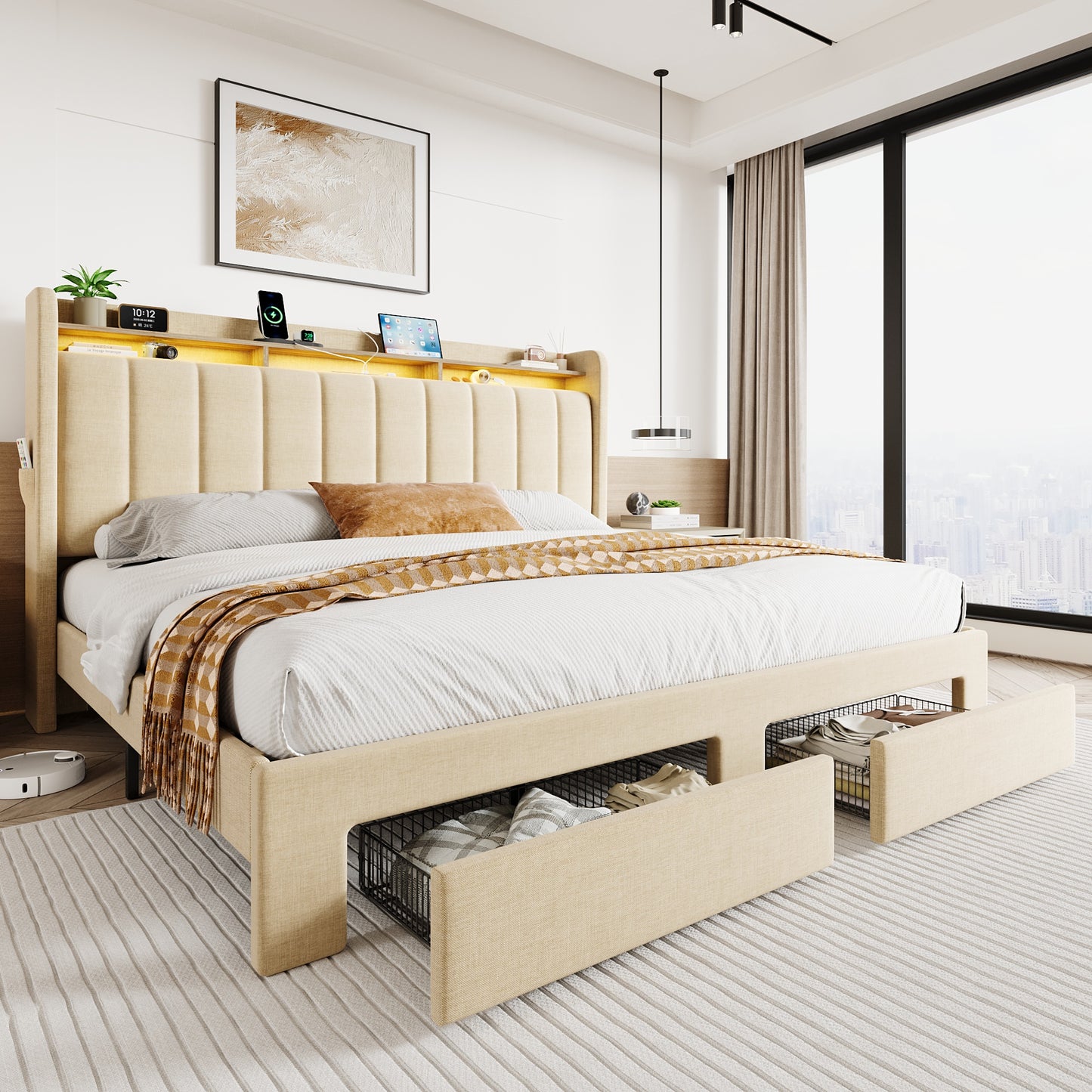 SHA CERLIN Velvet Bed Frame with Vertical Channel Tufted Wingback Headboard & 2 Storage Drawers/2-Tier Shelves with LED Lights & Charging Station/Noise-Free/No Box Spring Needed