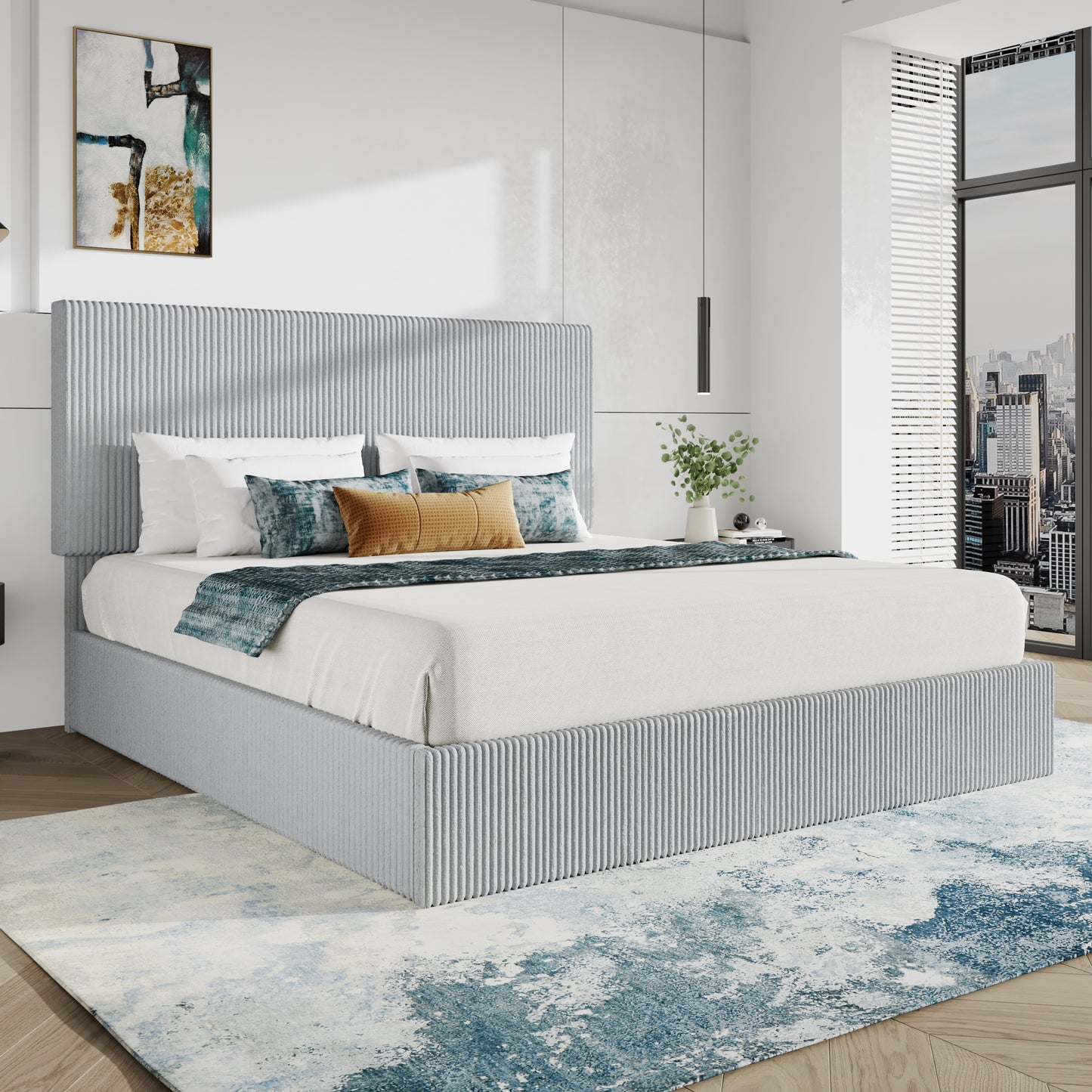 SHA CERLIN Bed Frame, Corduroy Upholstered Platform Bed, Adjustable Vertical Channel Tufted Headboard, Modern Low Profile Frame, No Box Spring Needed, Easy Assembly