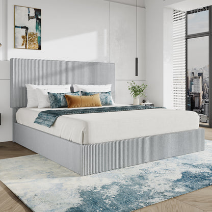 SHA CERLIN Bed Frame, Corduroy Upholstered Platform Bed, Adjustable Vertical Channel Tufted Headboard, Modern Low Profile Frame, No Box Spring Needed, Easy Assembly