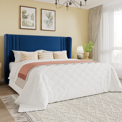 SHA CERLIN Velvet Upholstered Platform Bed Frame with Vertical Channel Tufted Wingback Headboard, Wooden Slats Support, Easy Assembly, Under Bed Storage, No Box Spring Required