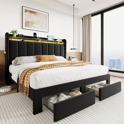 SHA CERLIN Velvet Bed Frame with Vertical Channel Tufted Wingback Headboard & 2 Storage Drawers/2-Tier Shelves with LED Lights & Charging Station/Noise-Free/No Box Spring Needed