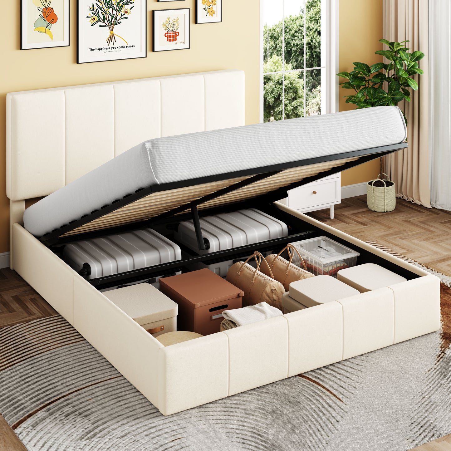 Sha Cerlin Lift-Up Storage Bed, Velvet Headboard with Adjustable Height, No Box Spring Needed