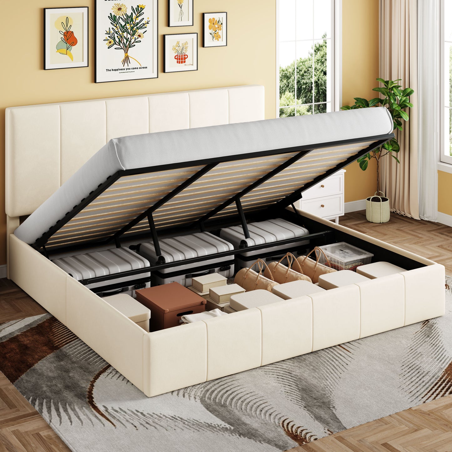 Sha Cerlin Lift-Up Storage Bed, Velvet Headboard with Adjustable Height, No Box Spring Needed