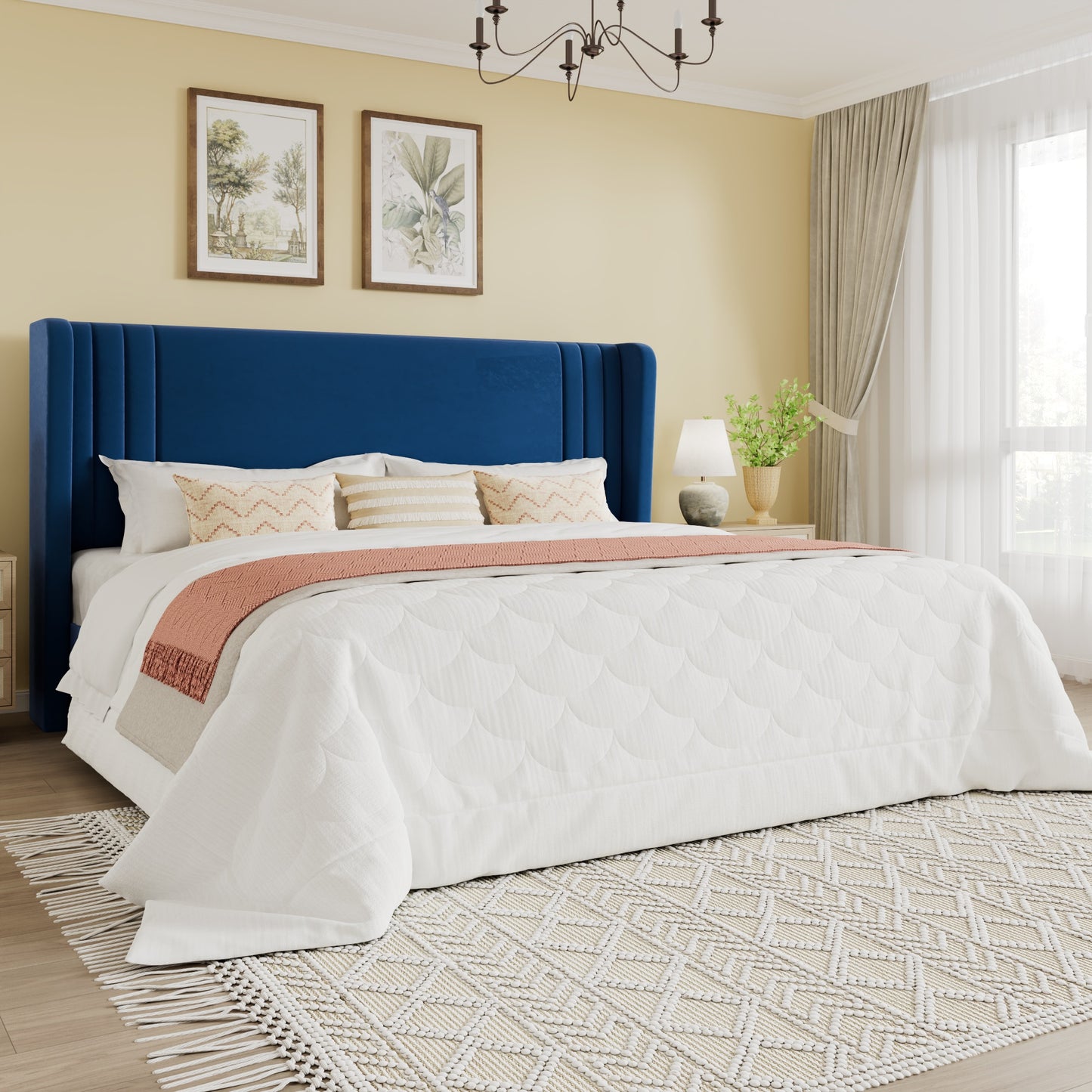 SHA CERLIN Velvet Upholstered Platform Bed Frame with Vertical Channel Tufted Wingback Headboard, Wooden Slats Support, Easy Assembly, Under Bed Storage, No Box Spring Required