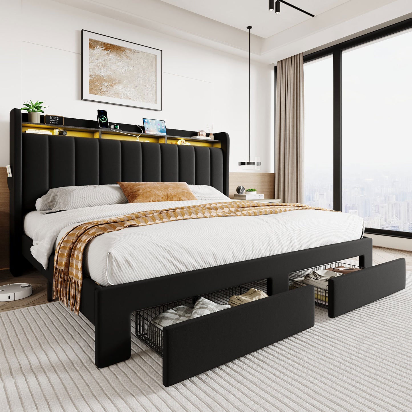 SHA CERLIN Velvet Bed Frame with Vertical Channel Tufted Wingback Headboard & 2 Storage Drawers/2-Tier Shelves with LED Lights & Charging Station/Noise-Free/No Box Spring Needed