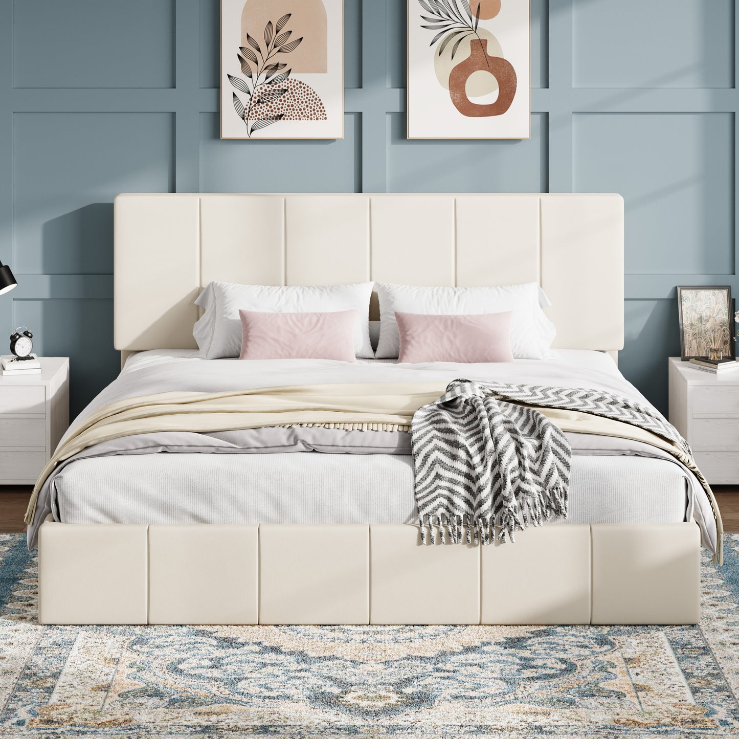 SHA CERLIN Bed Frame, Velvet Upholstered Platform Bed, Vertical Channel Tufted Adjustable Headboard, Low Profile Bed Frame, No Box Spring Needed, Easy Assembly
