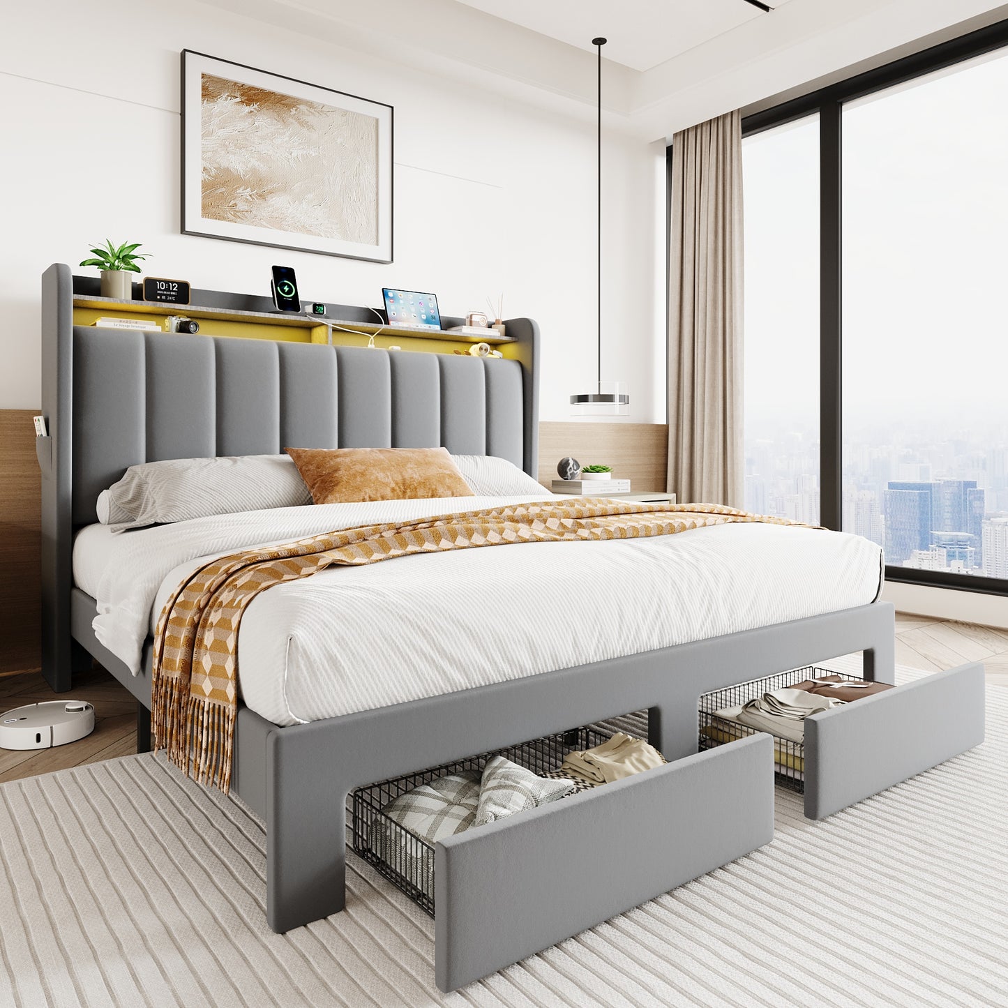 SHA CERLIN Velvet Bed Frame with Vertical Channel Tufted Wingback Headboard & 2 Storage Drawers/2-Tier Shelves with LED Lights & Charging Station/Noise-Free/No Box Spring Needed