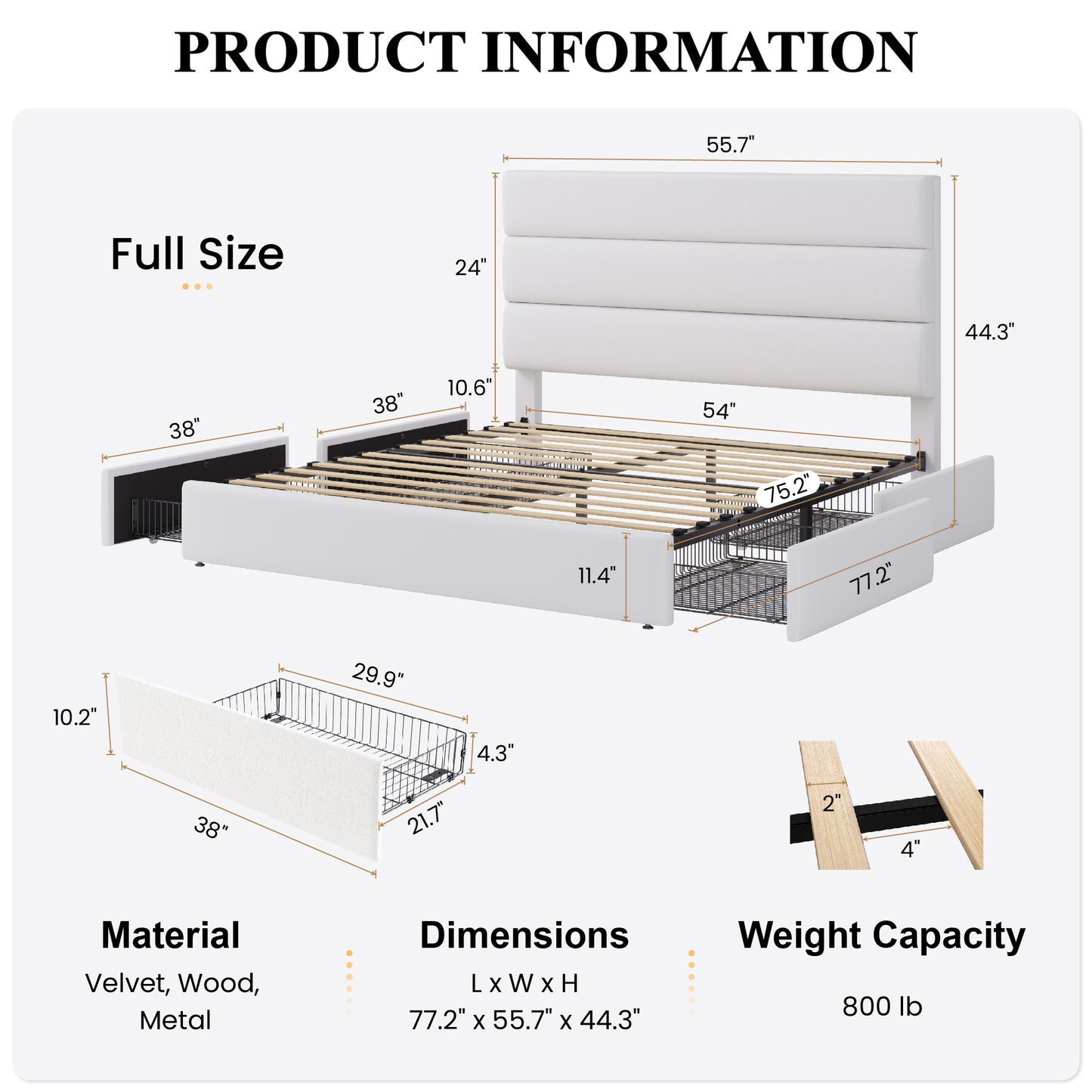 Sha Cerlin Platform Bed Frame with 4 Storage Drawers, Velvet Upholstered Headboard