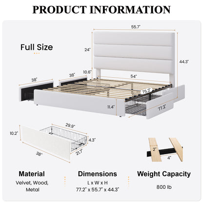 Sha Cerlin Platform Bed Frame with 4 Storage Drawers, Velvet Upholstered Headboard