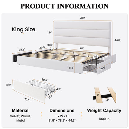 Sha Cerlin Platform Bed Frame with 4 Storage Drawers, Velvet Upholstered Headboard