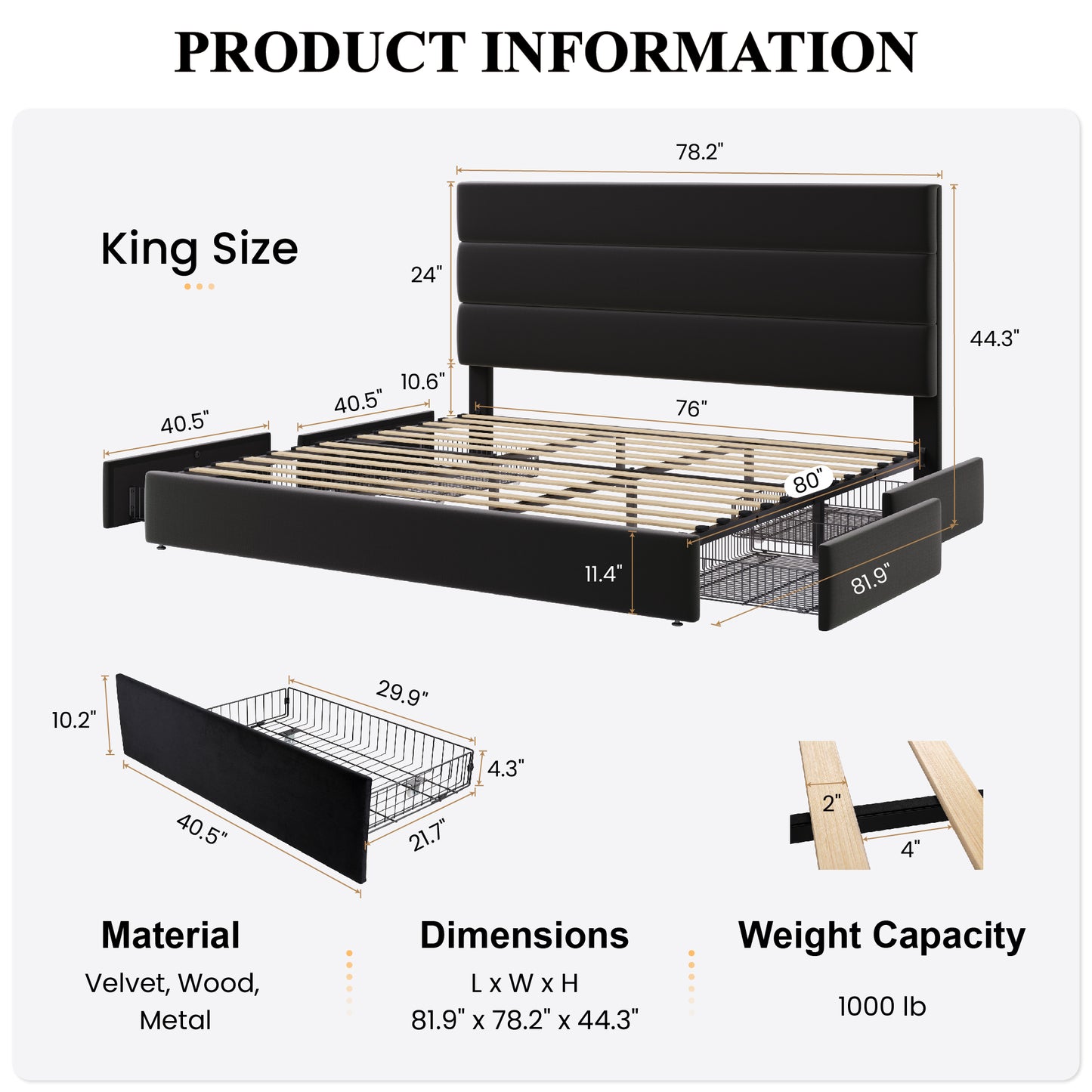 Sha Cerlin Platform Bed Frame with 4 Storage Drawers, Velvet Upholstered Headboard