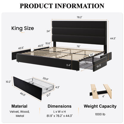 Sha Cerlin Platform Bed Frame with 4 Storage Drawers, Velvet Upholstered Headboard