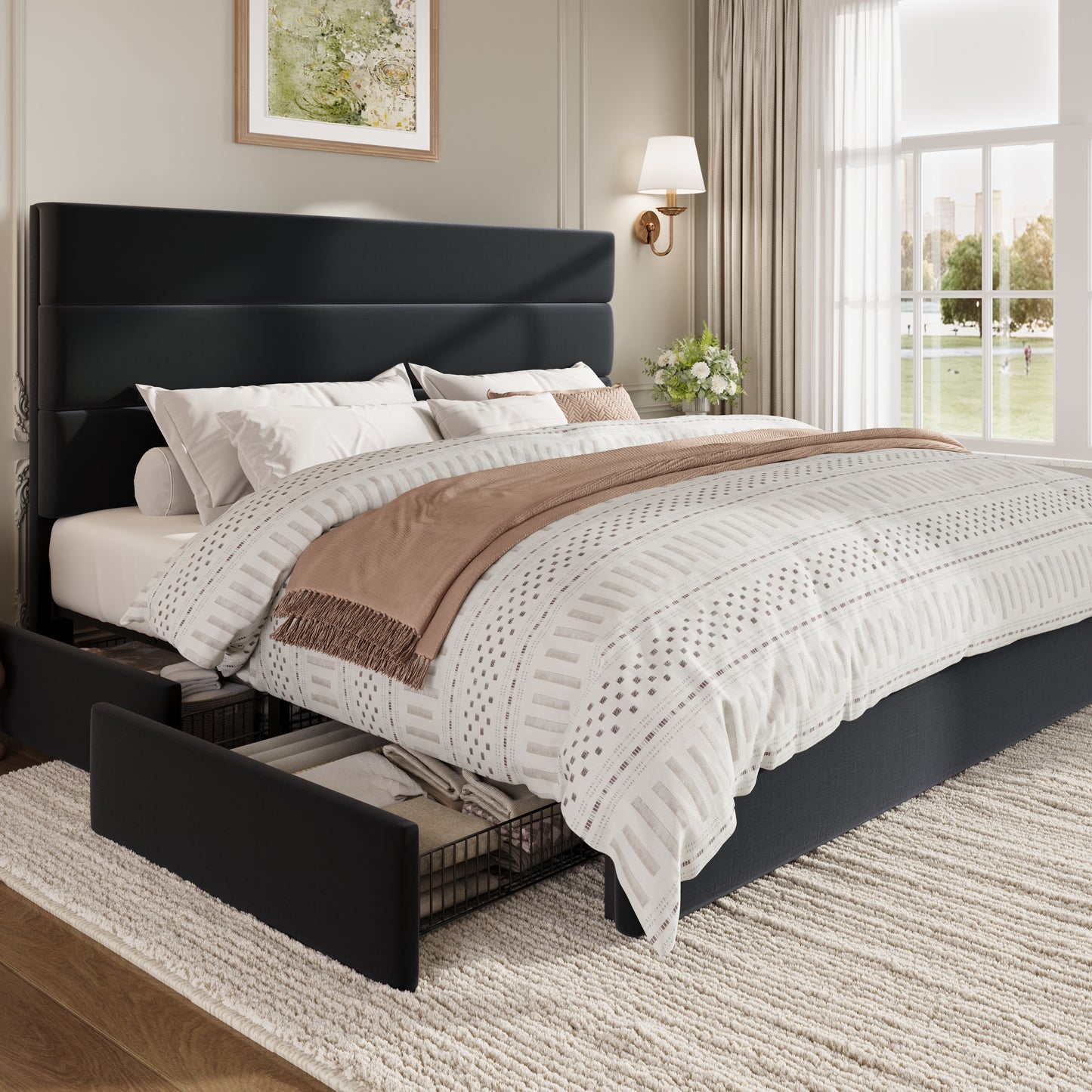 Sha Cerlin Platform Bed Frame with 4 Storage Drawers, Velvet Upholstered Headboard