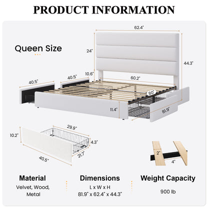 Sha Cerlin Platform Bed Frame with 4 Storage Drawers, Velvet Upholstered Headboard