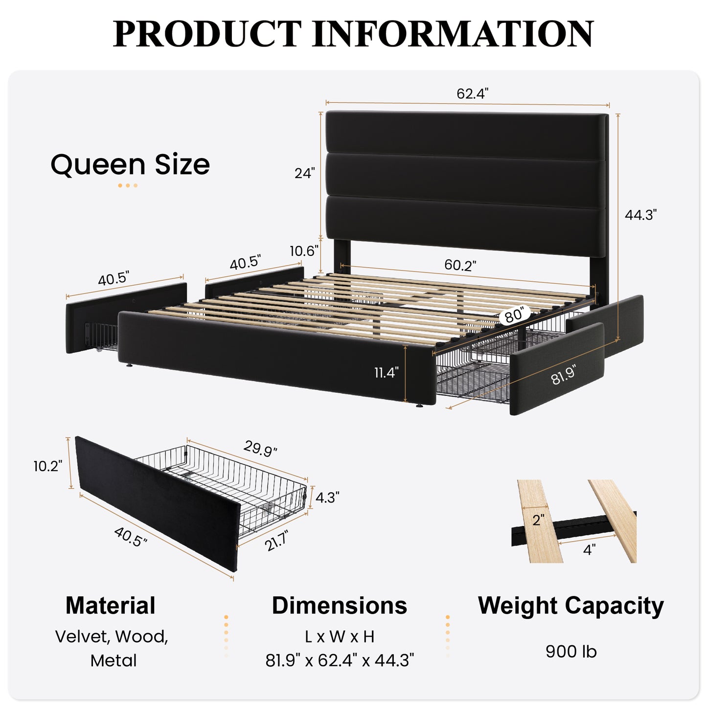 Sha Cerlin Platform Bed Frame with 4 Storage Drawers, Velvet Upholstered Headboard