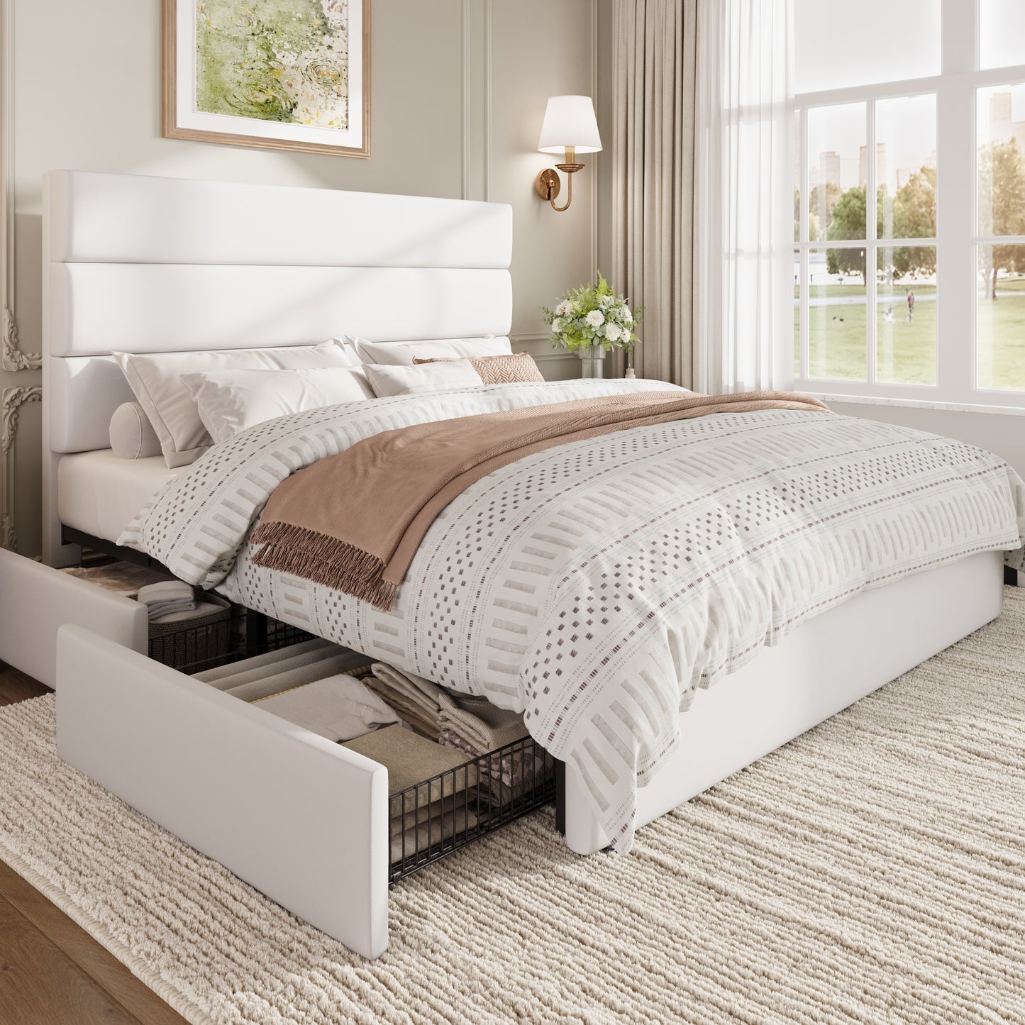 Sha Cerlin Platform Bed Frame with 4 Storage Drawers, Velvet Upholstered Headboard
