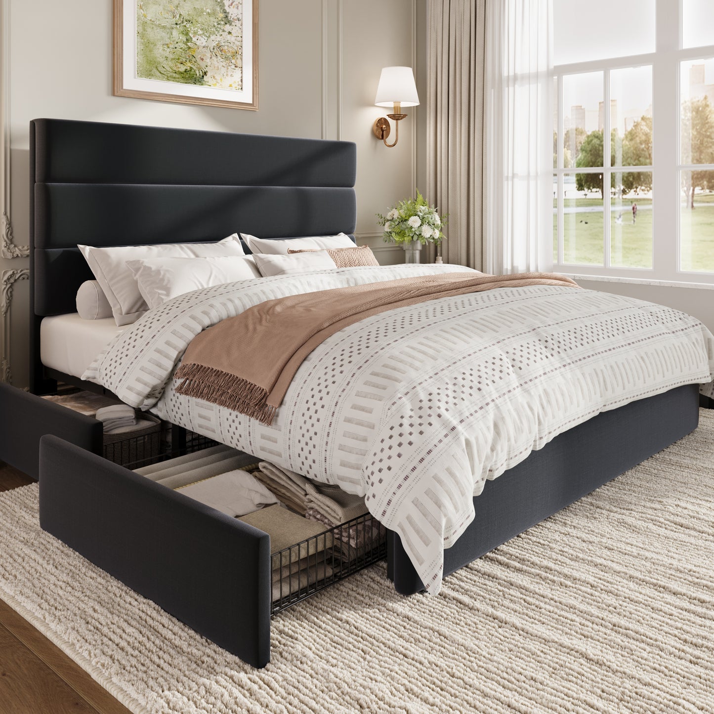 Sha Cerlin Platform Bed Frame with 4 Storage Drawers, Velvet Upholstered Headboard