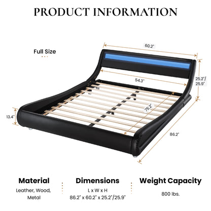 Wave-Like Curve PU Leather Platform Bed Frame with Adjustable Headboard and LED Lights