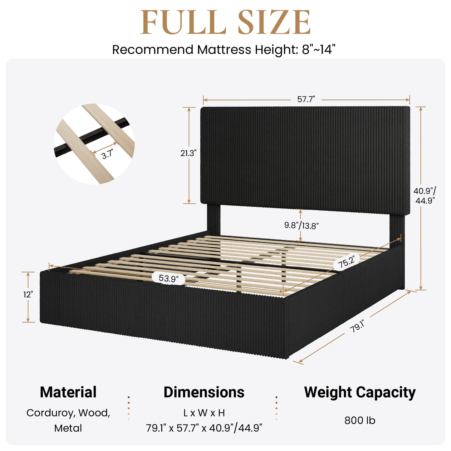 SHA CERLIN Bed Frame, Corduroy Upholstered Platform Bed, Adjustable Vertical Channel Tufted Headboard, Modern Low Profile Frame, No Box Spring Needed, Easy Assembly
