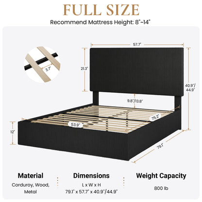 SHA CERLIN Bed Frame, Corduroy Upholstered Platform Bed, Adjustable Vertical Channel Tufted Headboard, Modern Low Profile Frame, No Box Spring Needed, Easy Assembly