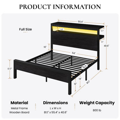 Sha Cerlin Bed Frame, 2-Tier Storage Headboard, LED, Charging Station | Wood Metal Platform with Footboard, No Box Spring Needed, Noise-free, Under Bed Storage, Black Oak