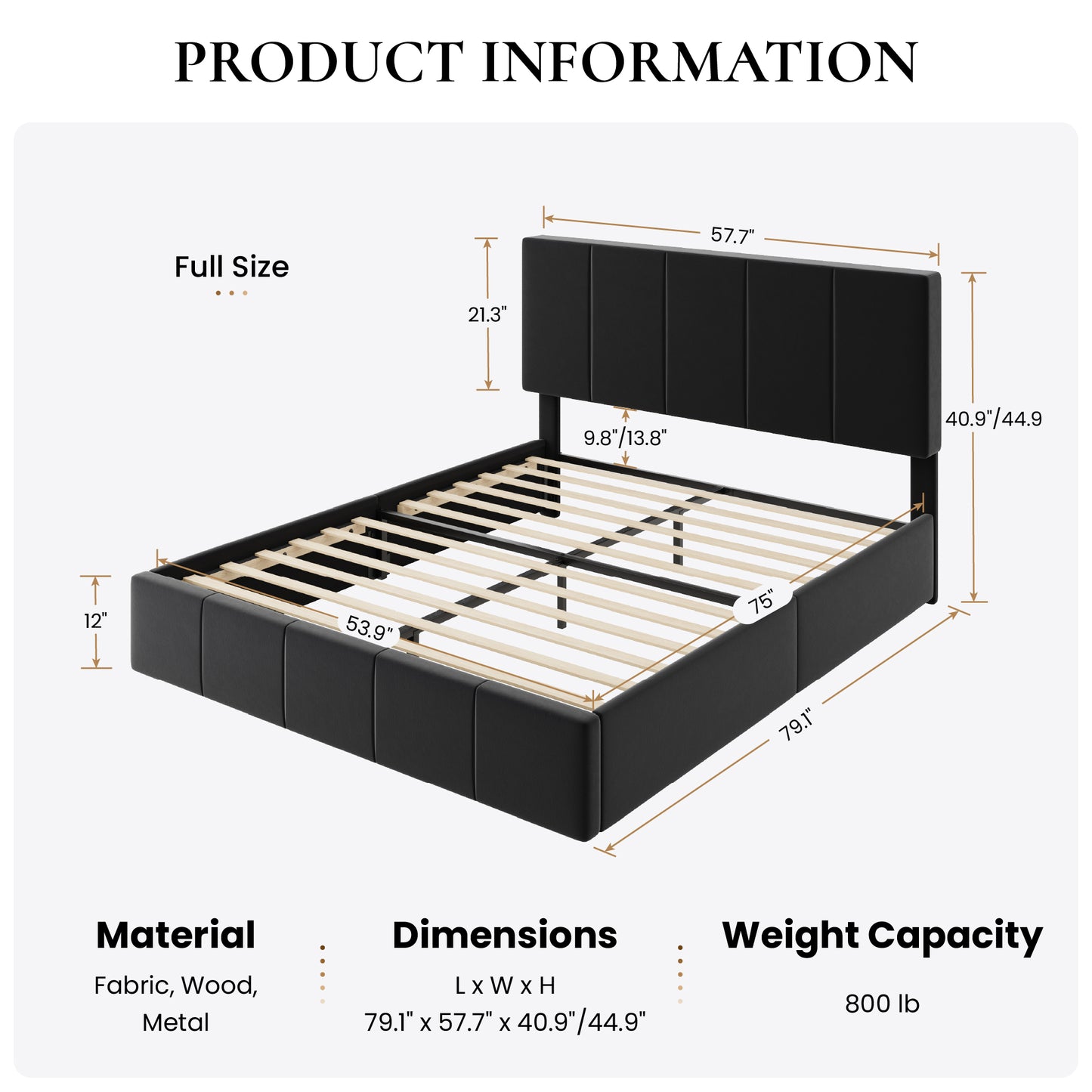 SHA CERLIN Bed Frame, Velvet Upholstered Platform Bed, Vertical Channel Tufted Adjustable Headboard, Low Profile Bed Frame, No Box Spring Needed, Easy Assembly