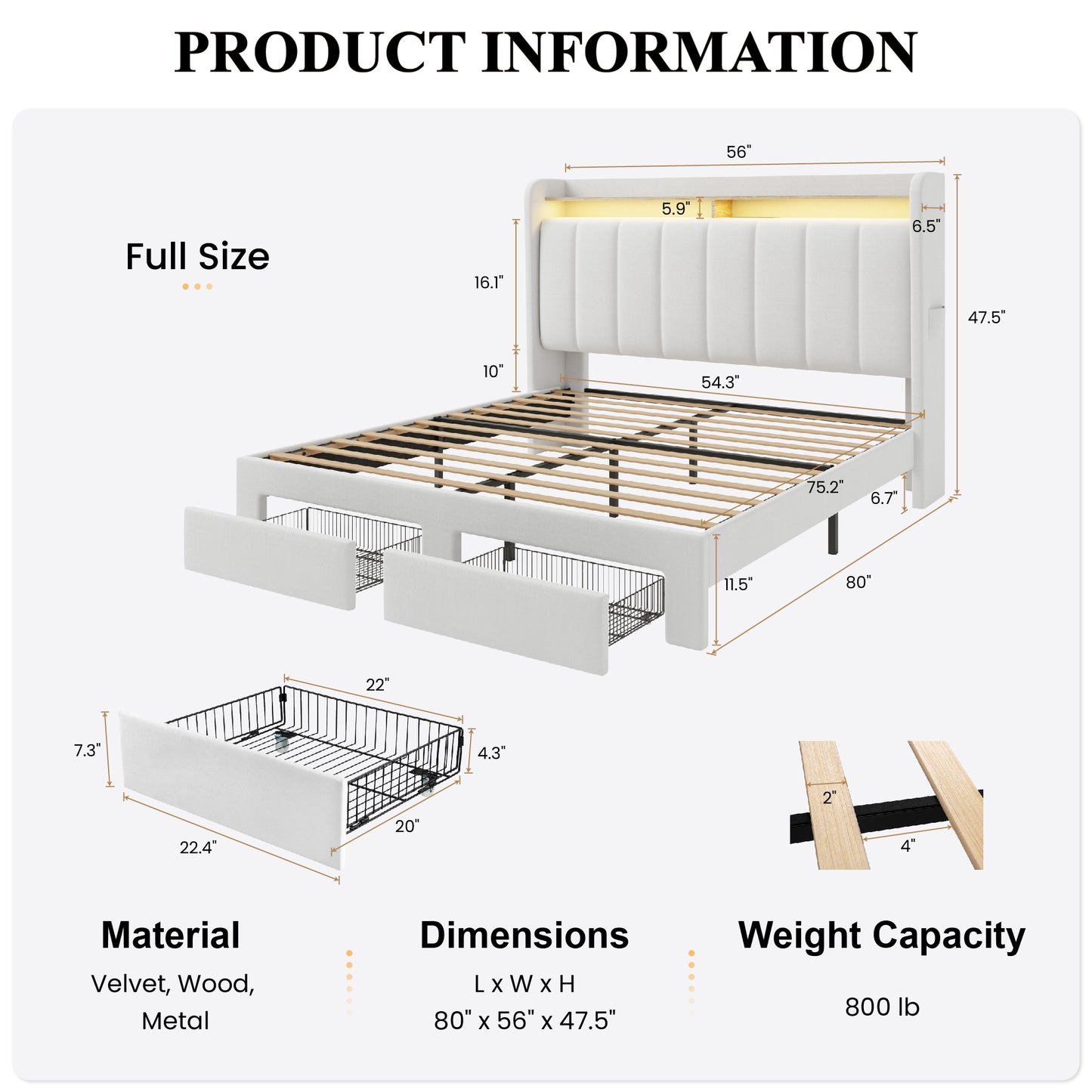 SHA CERLIN Velvet Bed Frame with Vertical Channel Tufted Wingback Headboard & 2 Storage Drawers/2-Tier Shelves with LED Lights & Charging Station/Noise-Free/No Box Spring Needed